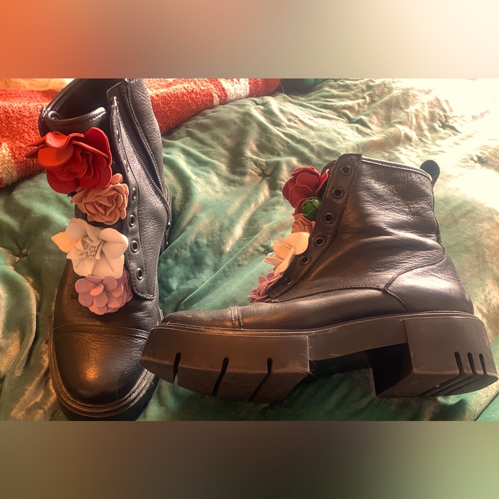 Katy Perry leather flower combat boots